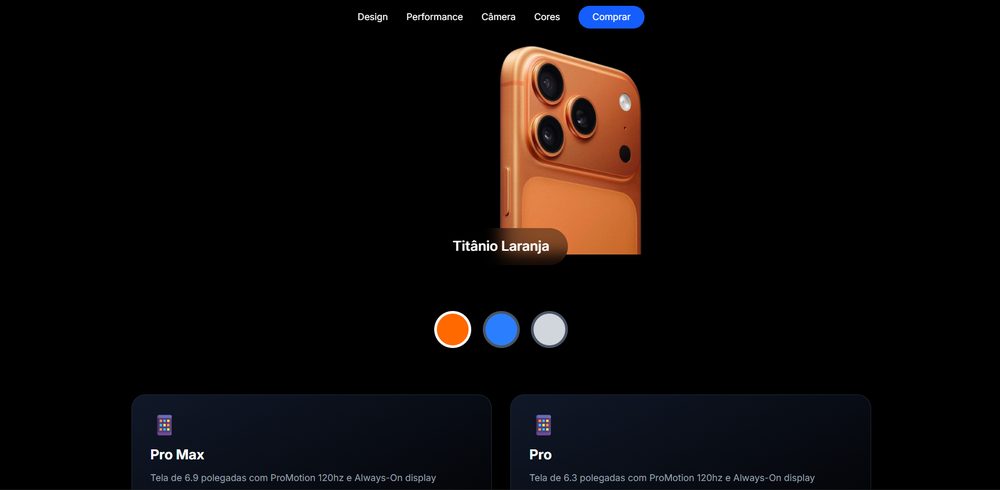 Interface do site da Apple recriando a página do iPhone 17 Pro Max, feita com React e Tailwind CSS